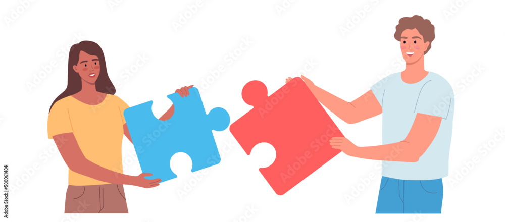 Young couple man and woman work together, make puzzle