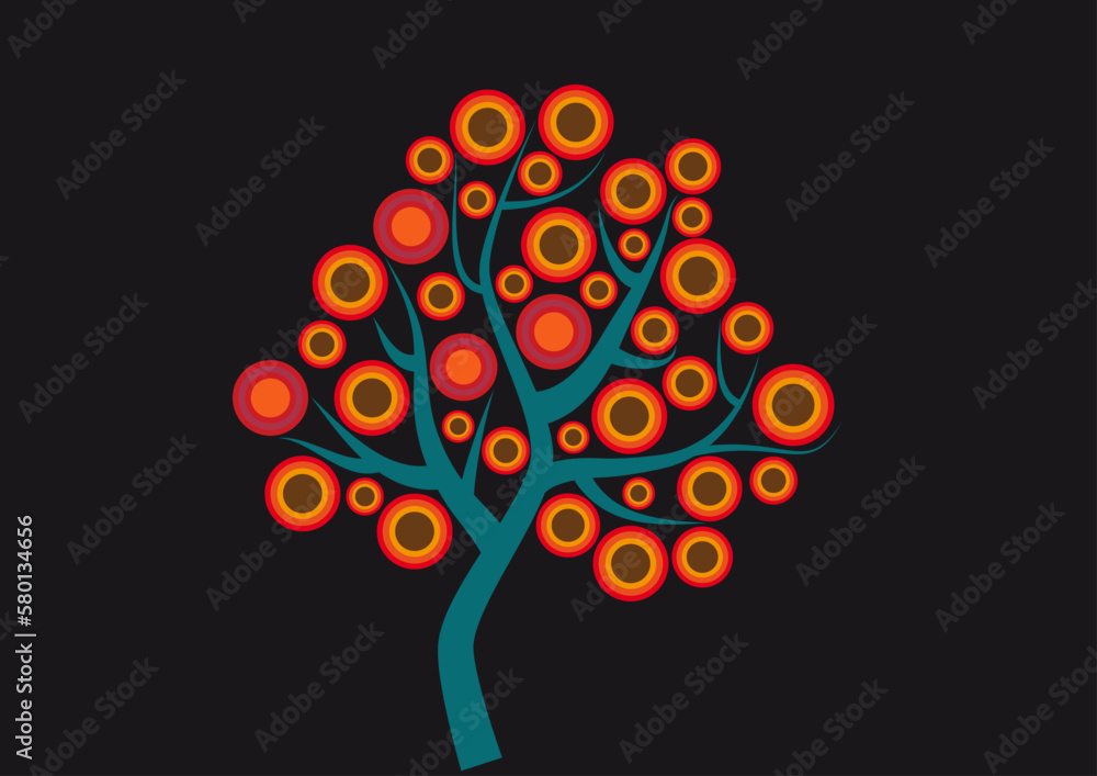 Simplicity retro 70s tree decoration with leaves and flowers in circle shapes, vintage colors like r