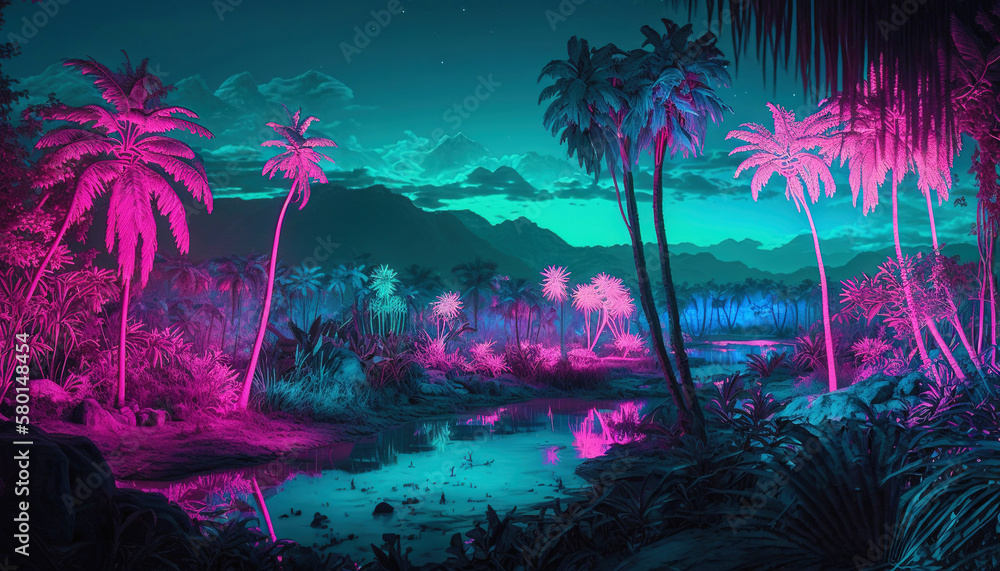 Tropical jungle in vibrant gradient neon colors. Synthwave rain forest. Generative AI