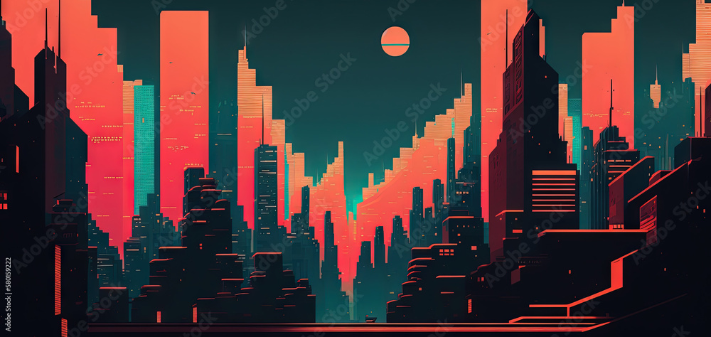 Panoramic cityscape in cyberpunk futuristic style. Towering skyscrapers in neon retrowave colors. Ge