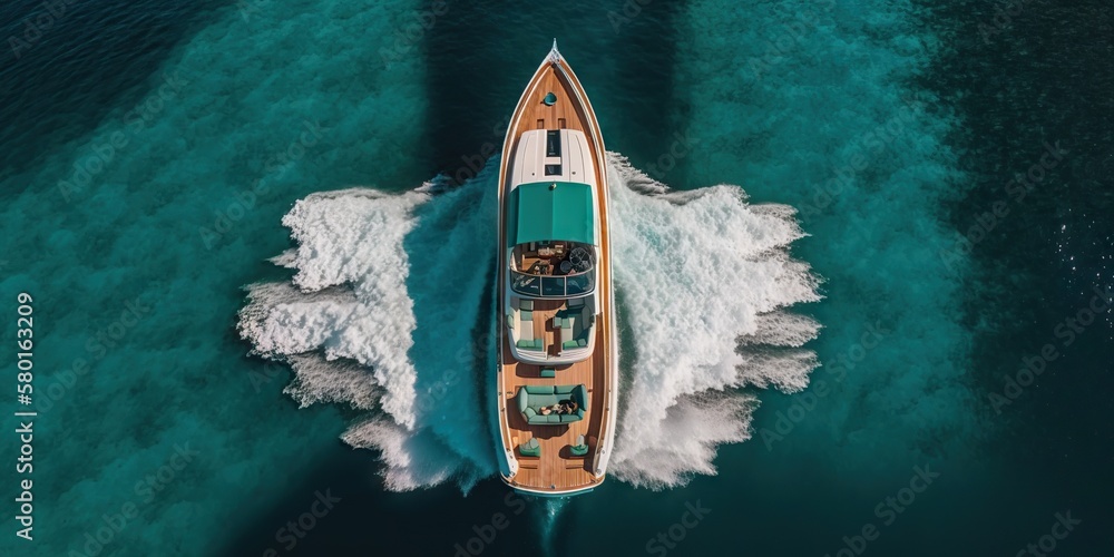 Top view on speed boat in paradise turquoise ocean water. Generative AI