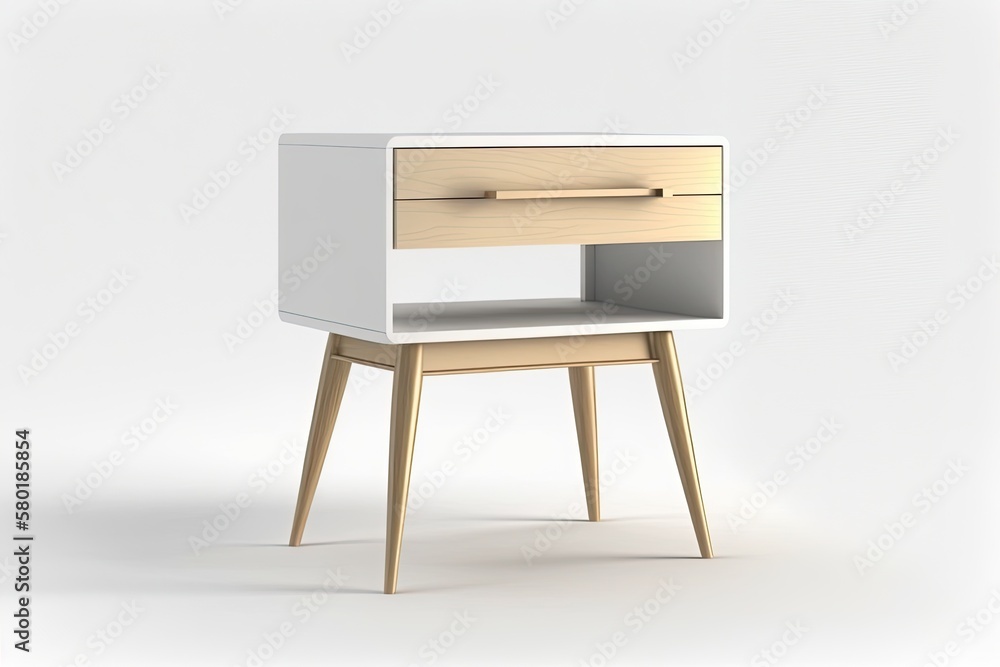 table beside the bed in white wood. Isolated contemporary designer nightstand on a white background.