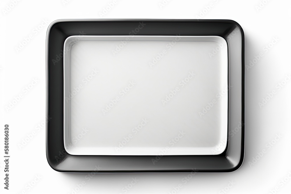 Ceramic plate in the shape of a rectangle in black, isolated on a white background. looking up. Gene