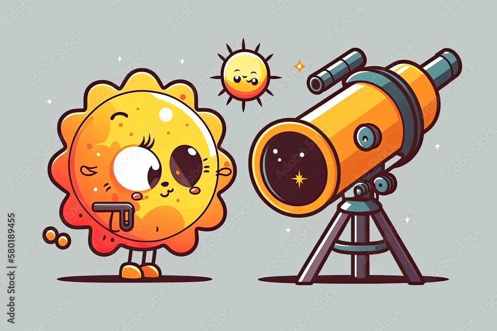 Cartoon icon depicting a telescope used for astronomical observation of an adorable planet and a cha