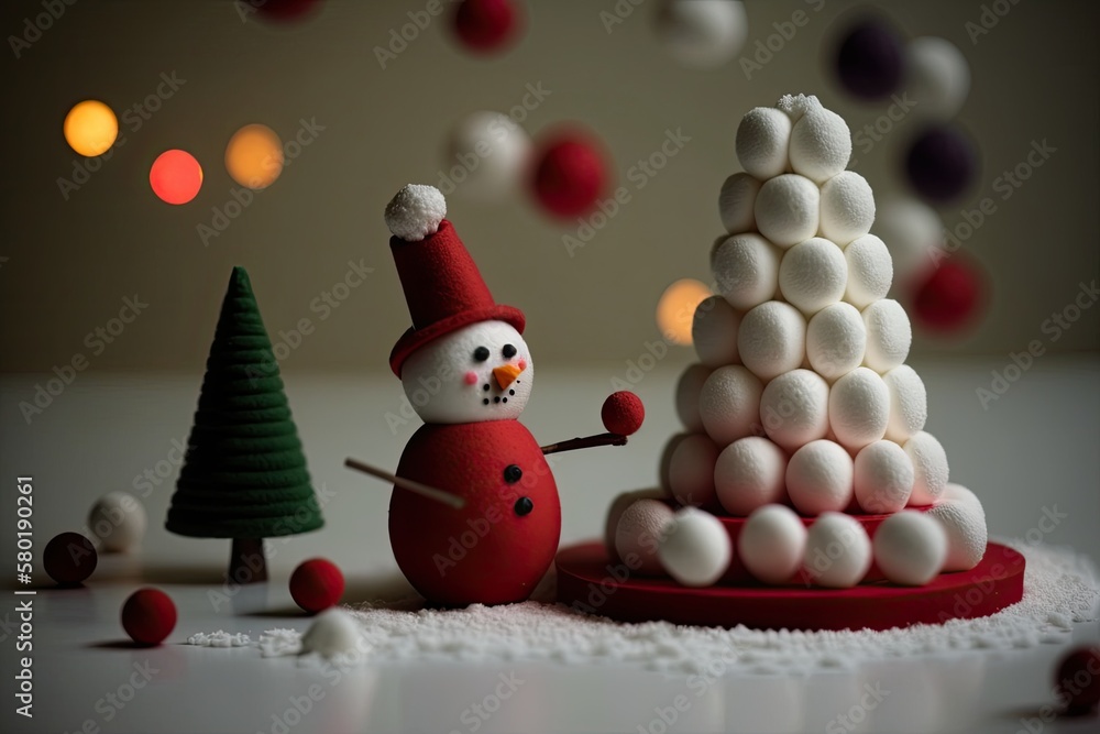 Red felt Christmas tree with a snowman and marshmallows on a white table. Generative AI