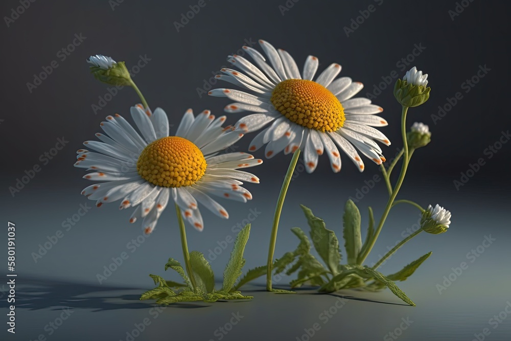 On a clear backdrop, two chamomile blooms. Illustration of a realistic daisy flower. Generative AI