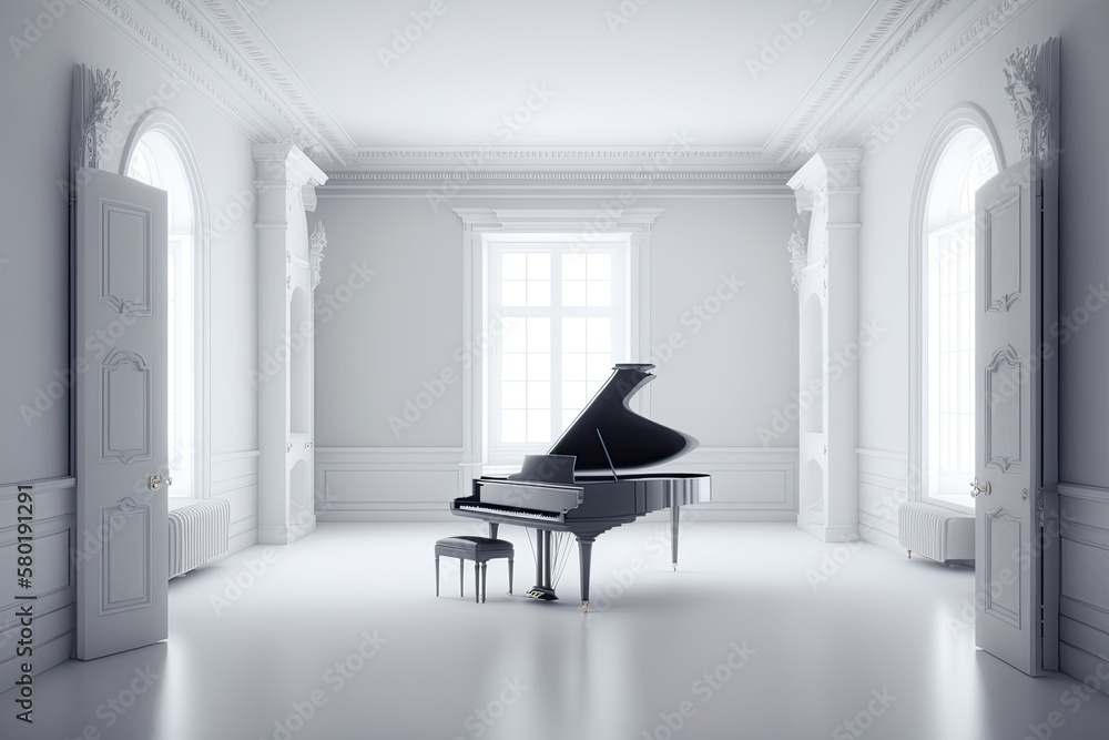 Empty white room with a white grand piano. Generative AI