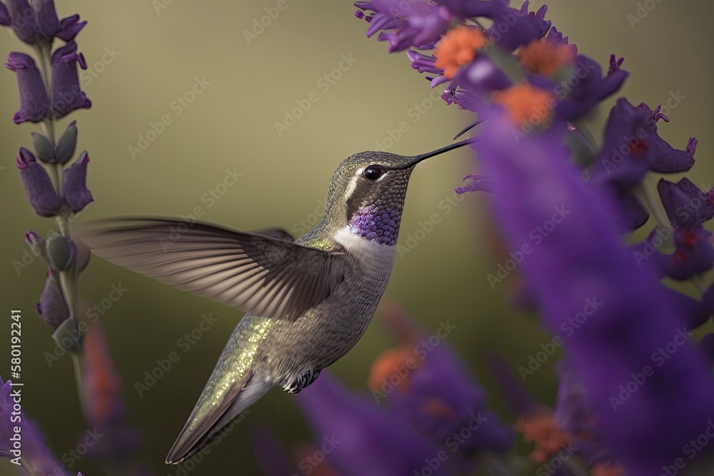 Hummingbird up close, enjoying some lavender blossoms. Magnificently diverse in morphology, ecology,