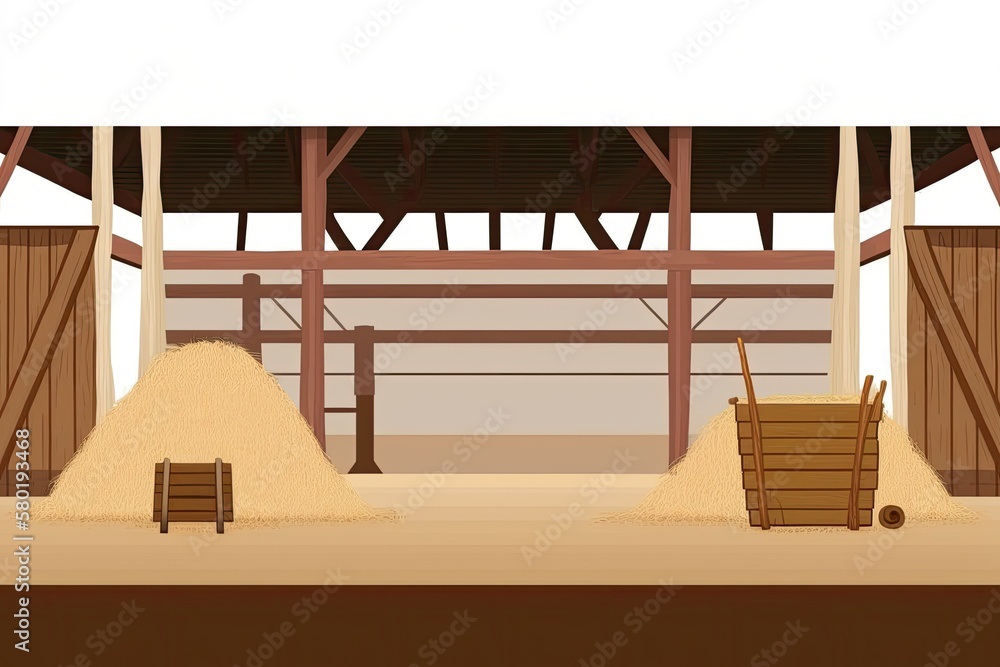 illustration of a farm stable or barn interior with a sand floor and haystacks on a wooden ranch. Fa