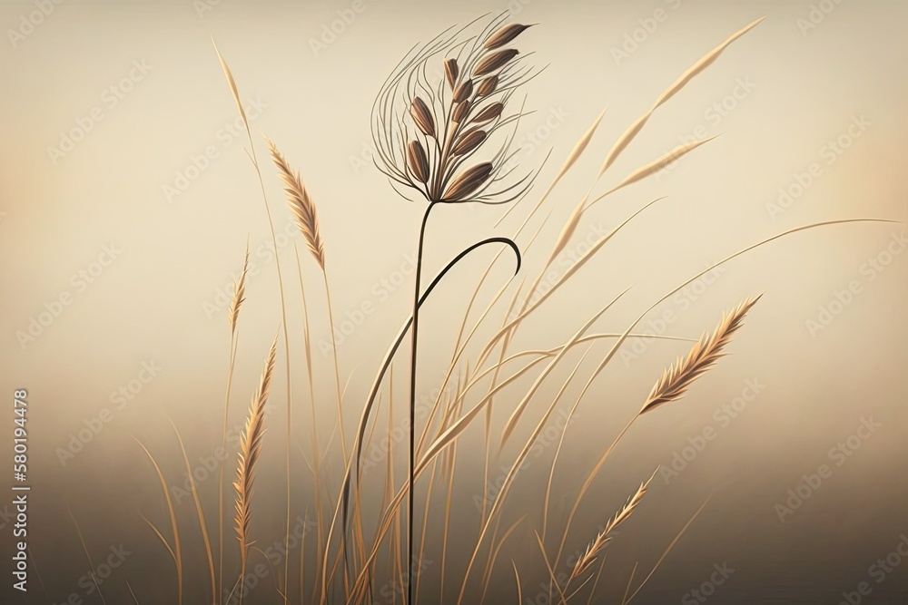 A tall grass stalk in a wide meadow, topped with a golden seed grain that has dried brown and light 