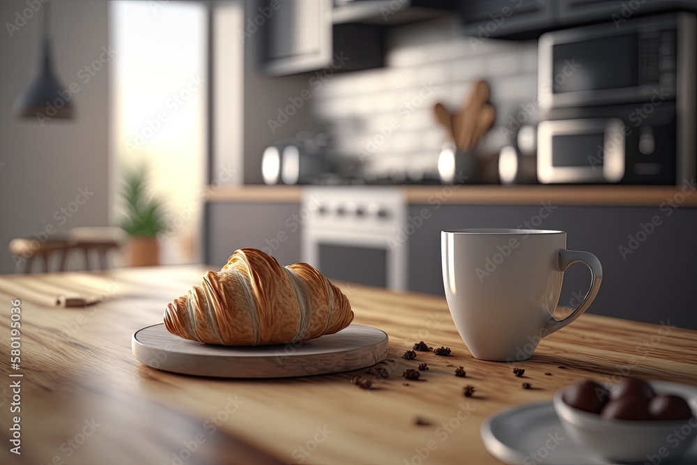 Croissant and coffee on the kitchen counter, with a minimalist environment with contemporary furnish