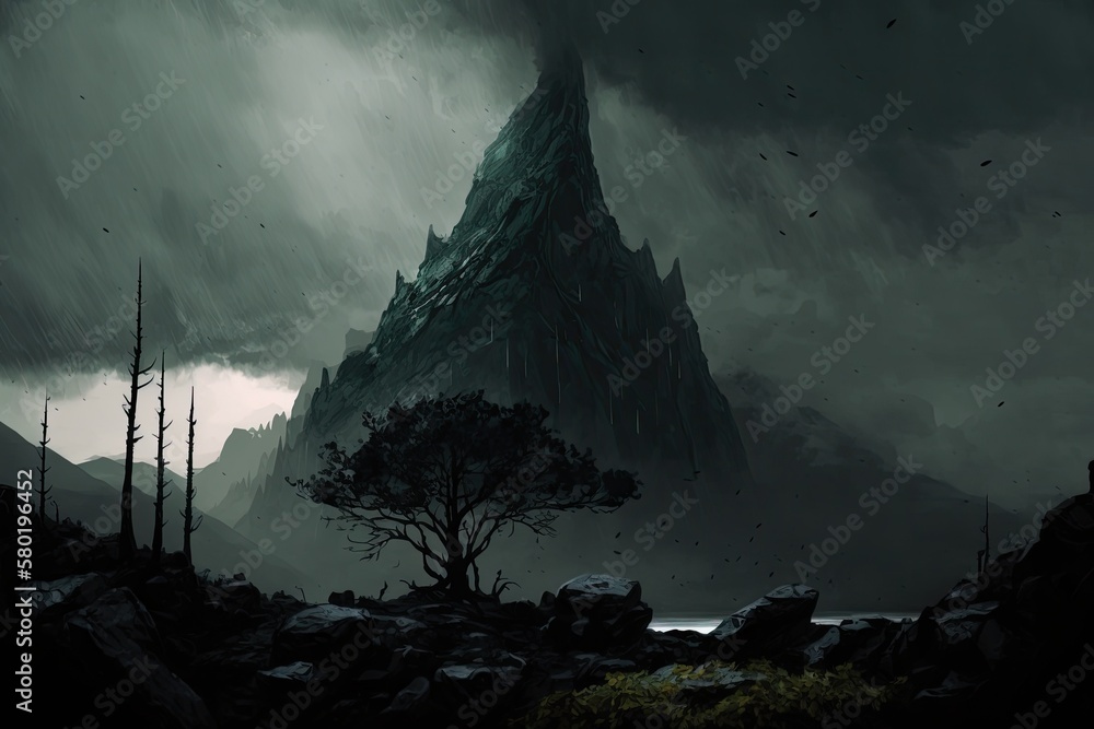 Rough weather creates a gloomy atmosphere over a stone hill covered in forest and a silhouetted moun