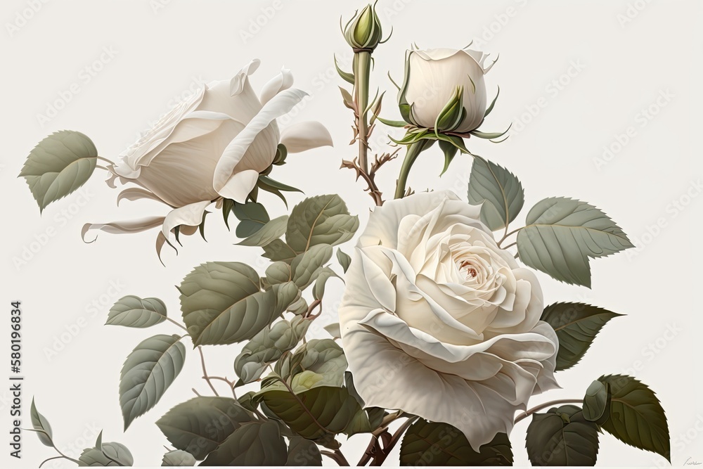 Roses in white, isolated on a white backdrop. Generative AI