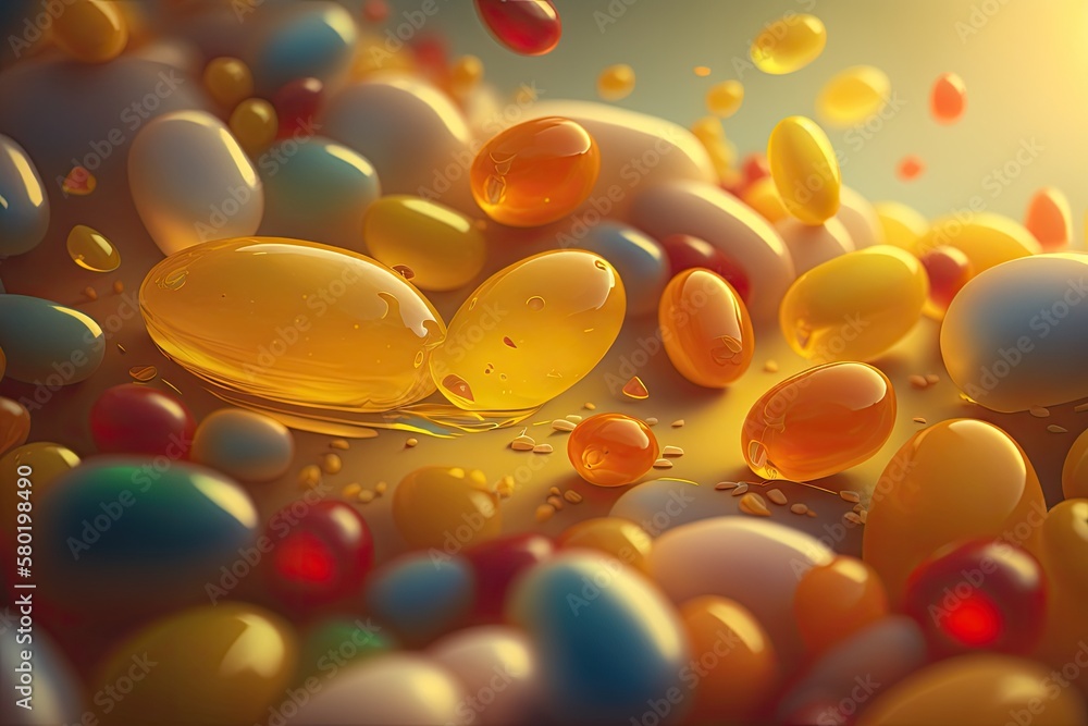 Over a yellow background, many jelly beans. Generative AI