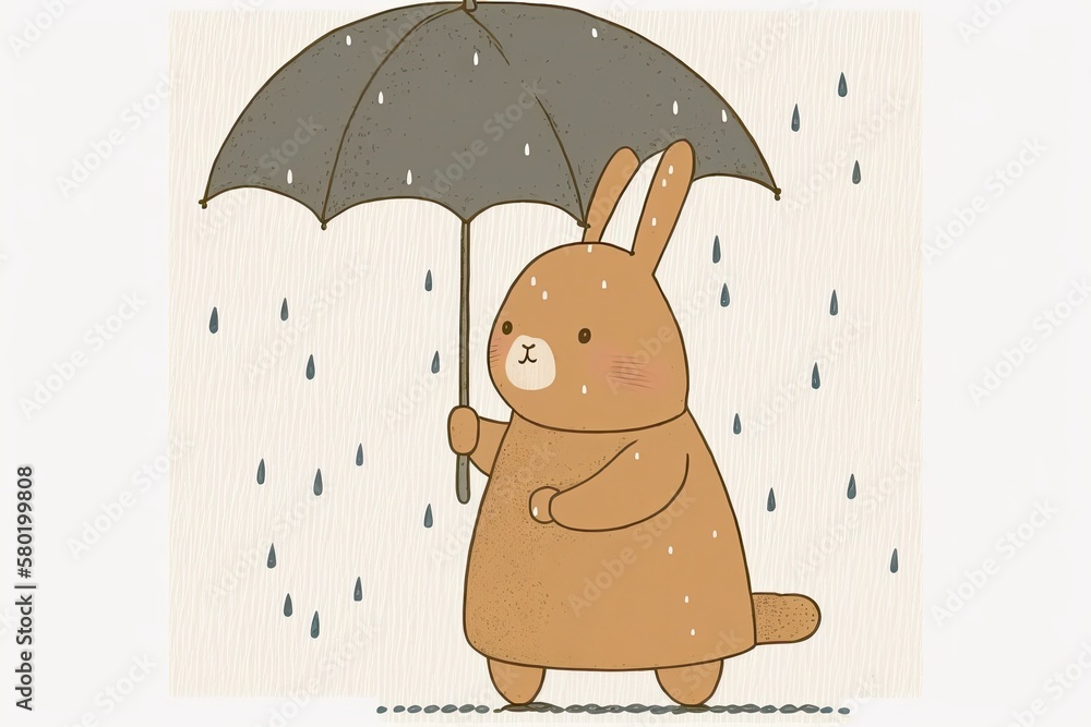 Illustration of a flat, adorable rabbit holding an umbrella for children. adorable rabbit figure. Ge