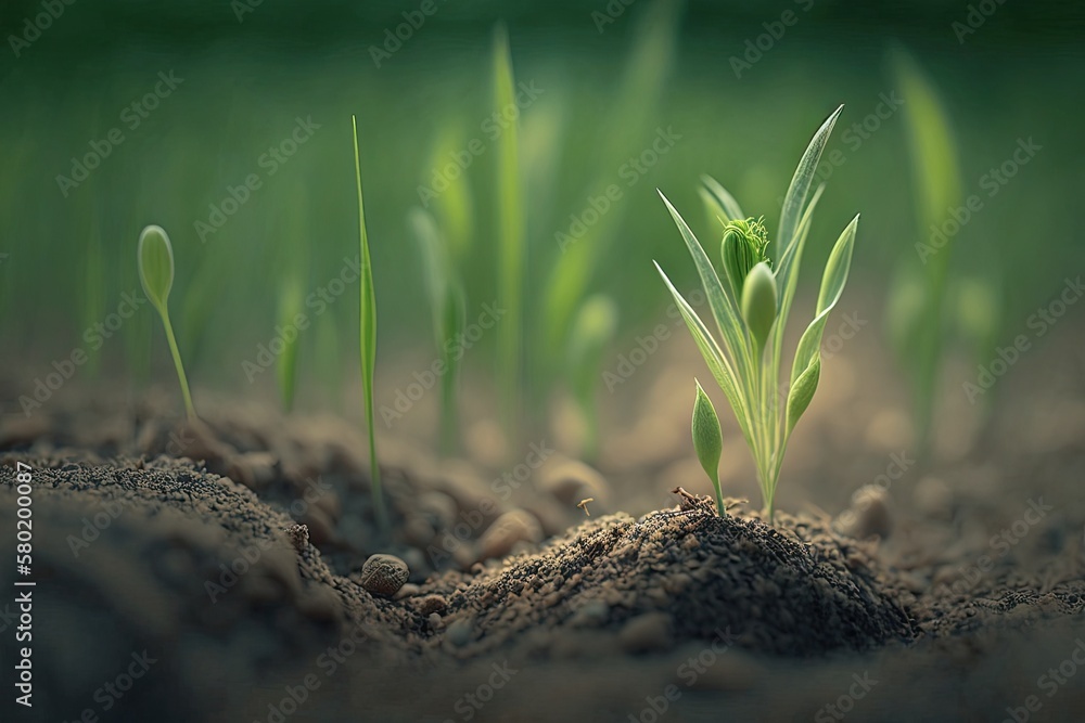 In a field, young wheat seedlings are sprouting. Generative AI