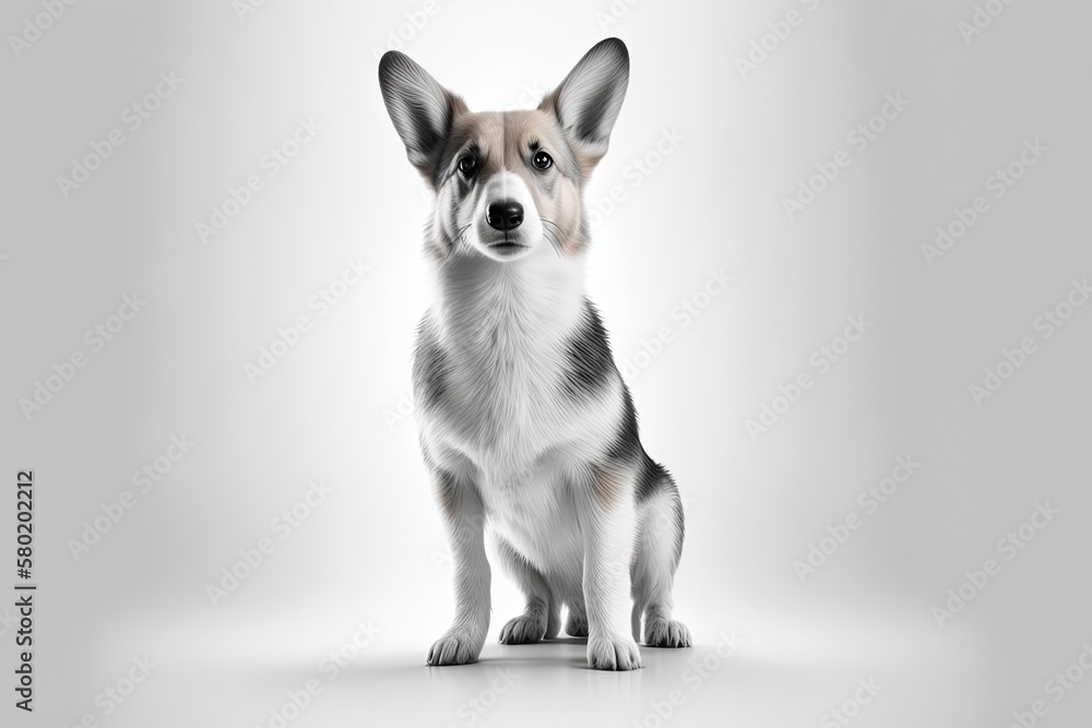 Looking at camera. Corgi purebred dog, puppy posing on white background with space for ad. Animal fr