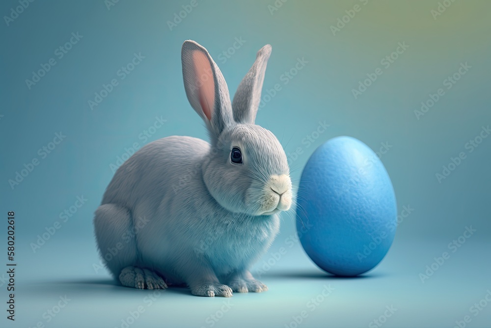 Easter bunny rabbit with a blue egg that has been painted on it. The Easter holiday idea. Generative