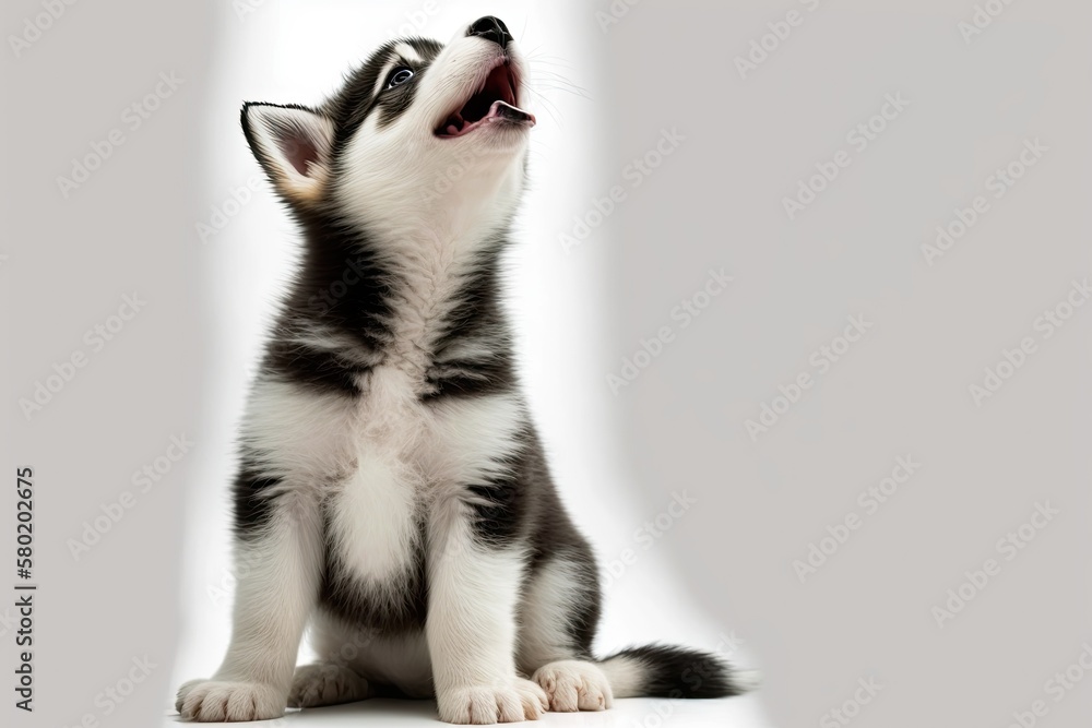 A Siberian Husky puppy howls on a white background. Generative AI