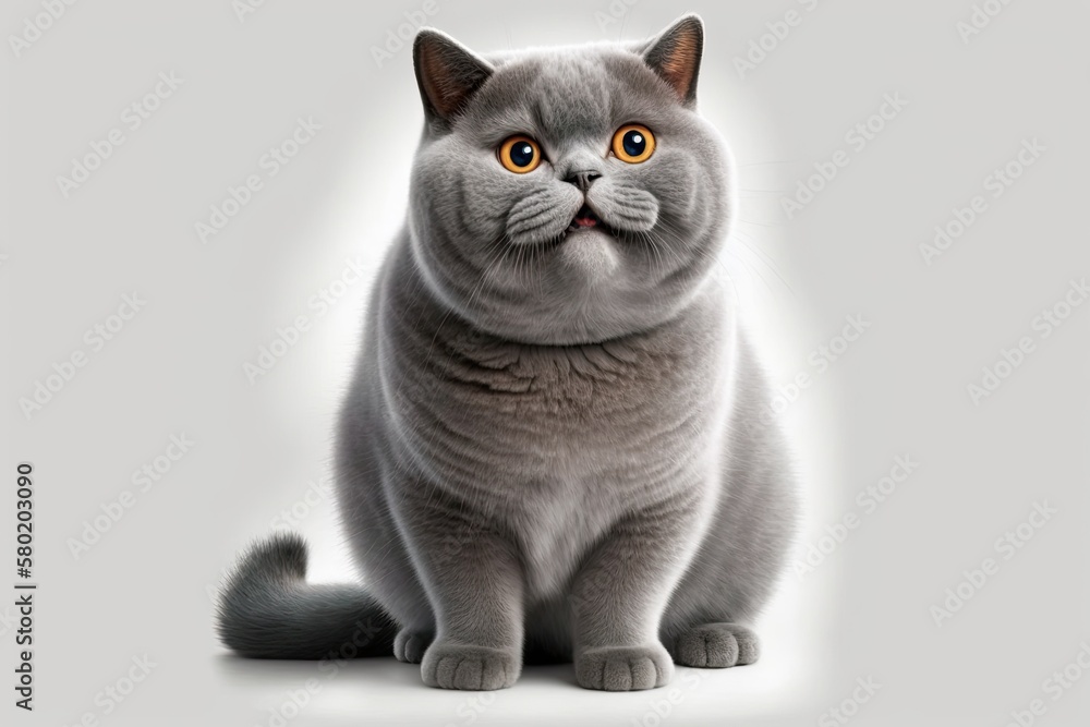 On a white background, a British shorthair cat that is purebred smiles like a Cheshire. A gray, shy 