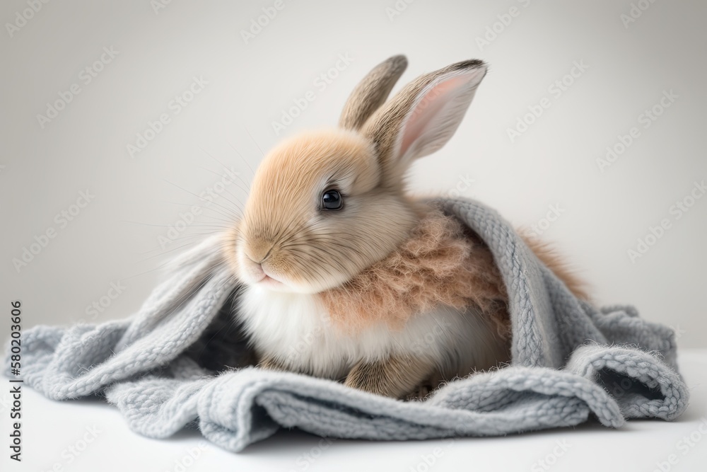 Cute baby bunny playing on a beautiful pastel colored blanket with a white background. The idea of a