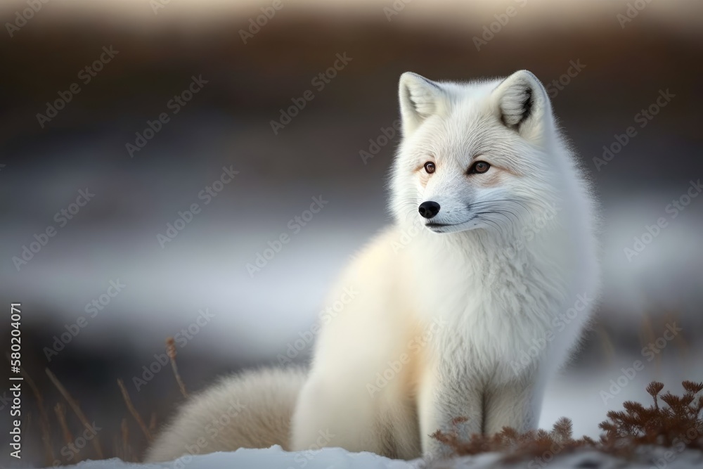 Arctic fox (Vulpes Lagopus) in the tundra in the winter. Close up of a white arctic fox. Generative 