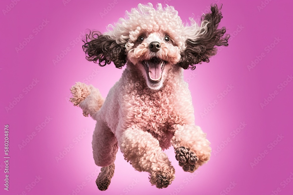 Jumping dog is funny and active. A small poodle with a smile on a pink background. Generative AI