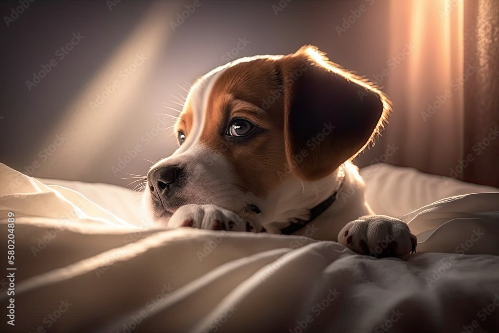 A cute puppy was lying on the bed. Close up studio photo taken inside. Daybreak. The idea of caring 