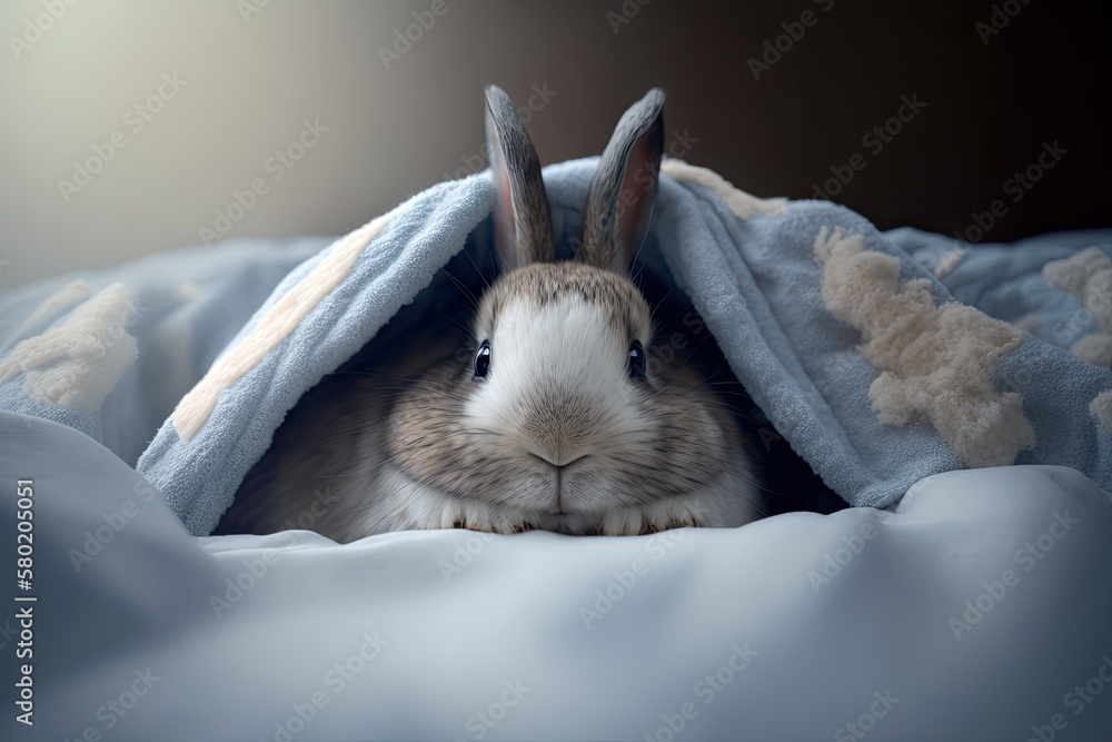 The funny rabbit sleeps in bed on a white blanket. Surprise for Easter. Generative AI