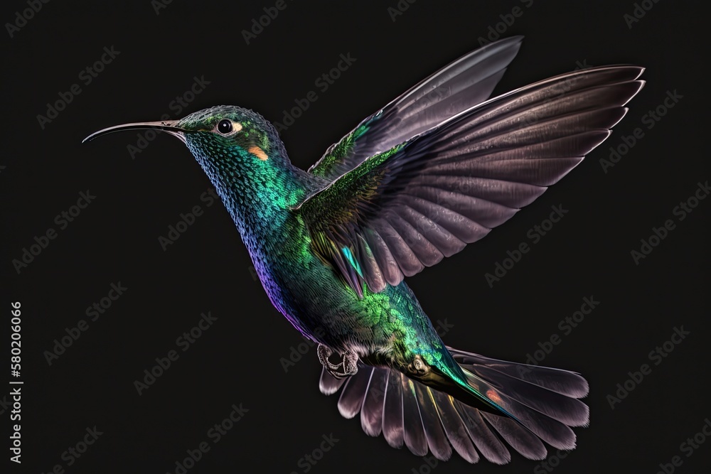 Sparkling violetear hummingbird (Colibri coruscans) in the air. Low key picture of a bird. Bird flyi