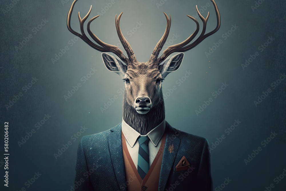 Deer with clothes on and horns that shine. A businessman wearing a suit and tie with a deer head on 