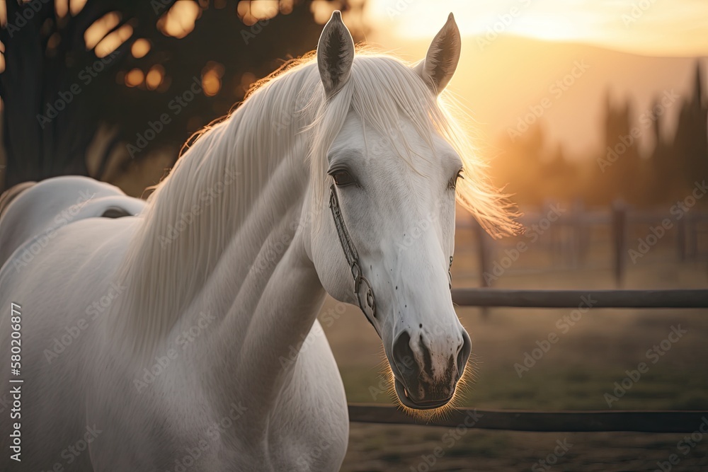 A picture of a horse in the sun at sunset. Farm animals. Close up picture of a white horse with a wh