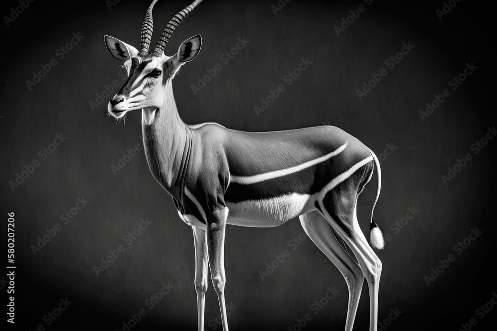 Big Horn Black and White Impala Standing on Black Background. Generative AI