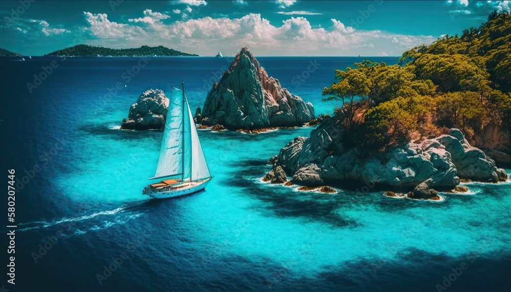 Sailing Yacht in paradise turquoise waters. Tropical sea landscape with boat. Generative AI