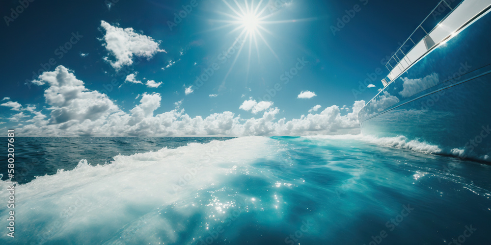 Low angle view on luxury yacht from the paradise turquoise ocean water surface. Sunny day in tropic 