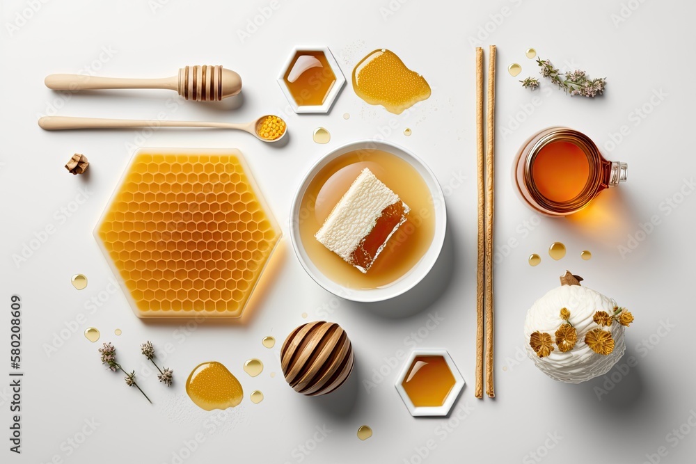 fresh honey composition with a white backdrop and a top view. Generative AI