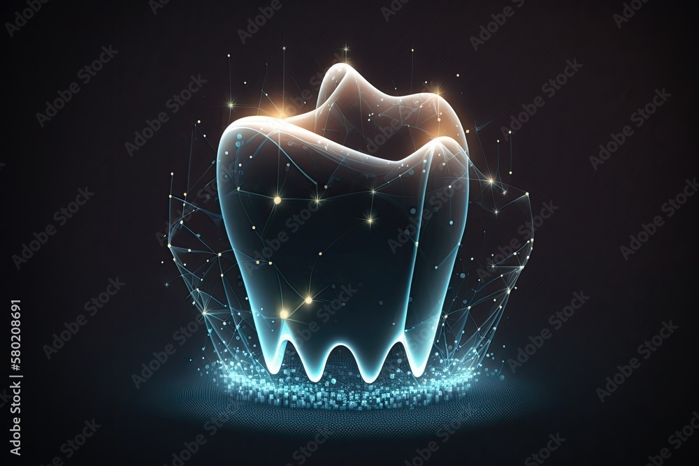 Illustration of a dental crown with a connected dot and line light effect, isolated on a translucent