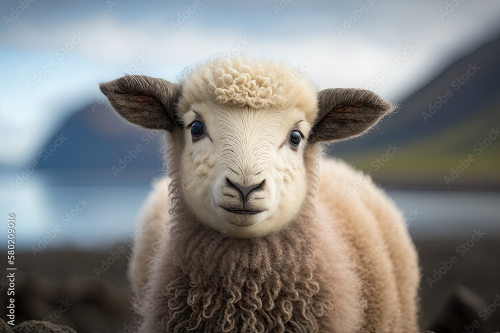 Portrait of a cute baby sheep on the Scottish islands of Skye and the Hebrides. Faces that are tame 