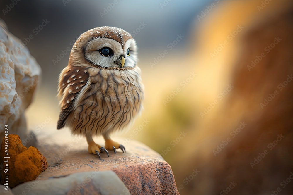 An adorable tiny owl (Athene noctua) perches on a stone against a scenic backdrop. Generative AI