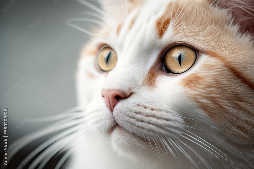 Unusual close up of a cat, white background, shallow depth of field DOF. Generative AI