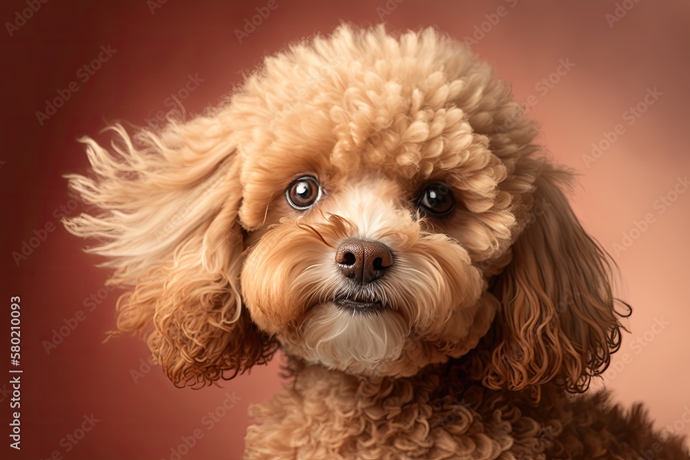 On a beige background is a red Maltipoo. A dog with curls in a photo studio. Maltese, poodle. Genera