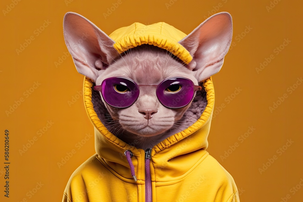 cool cat portrait. Portrait of a fawn colored, lilac colored Devon rex cat looking at the camera whi