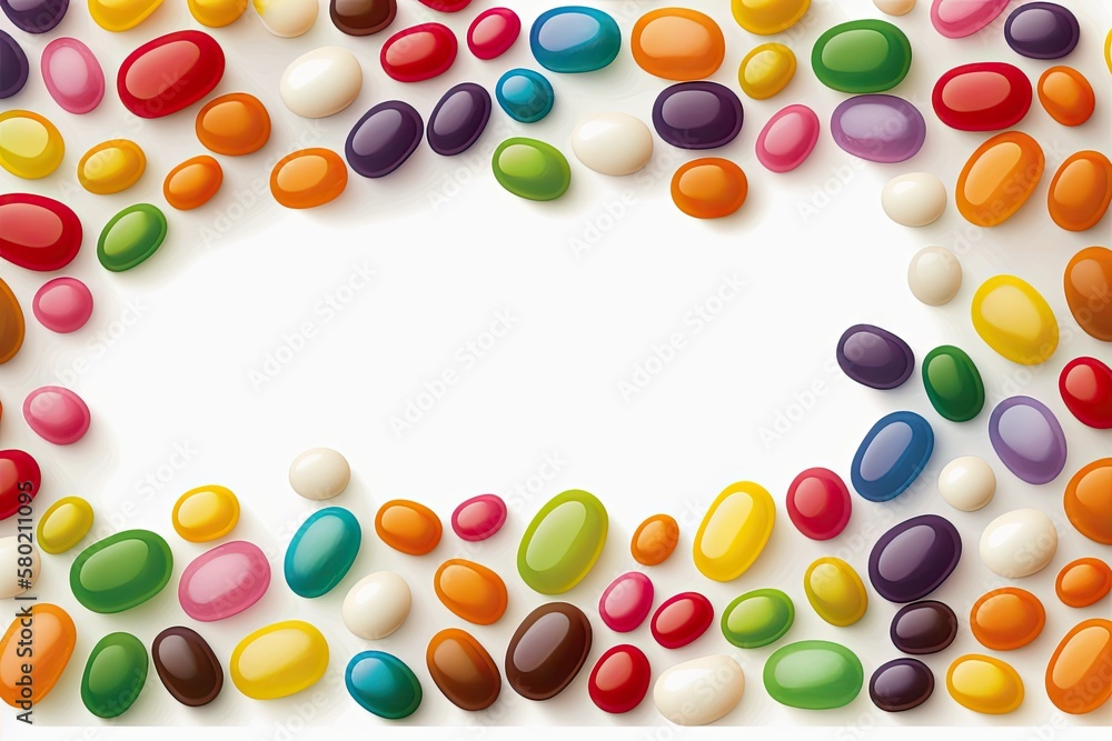 White background with a rainbow of jelly beans for a border. Generative AI