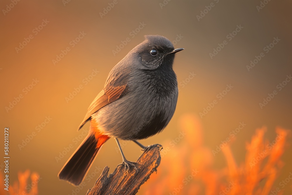 A vertical picture of a Black redstart at dawn (Phoenicurus ochruros). Generative AI