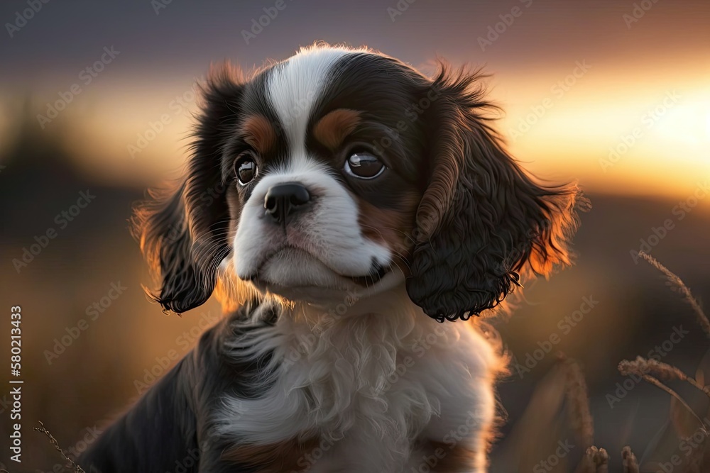 A picture of a King Charles Cavalier puppy at sunset. This is a very kind and great pet for a family