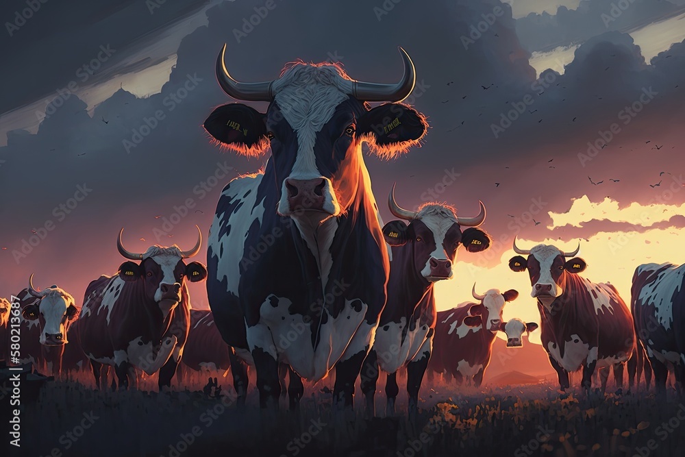 Cows in a herd on a farm. Sky at dusk. Americas Tillamook County is in Oregon. Generative AI