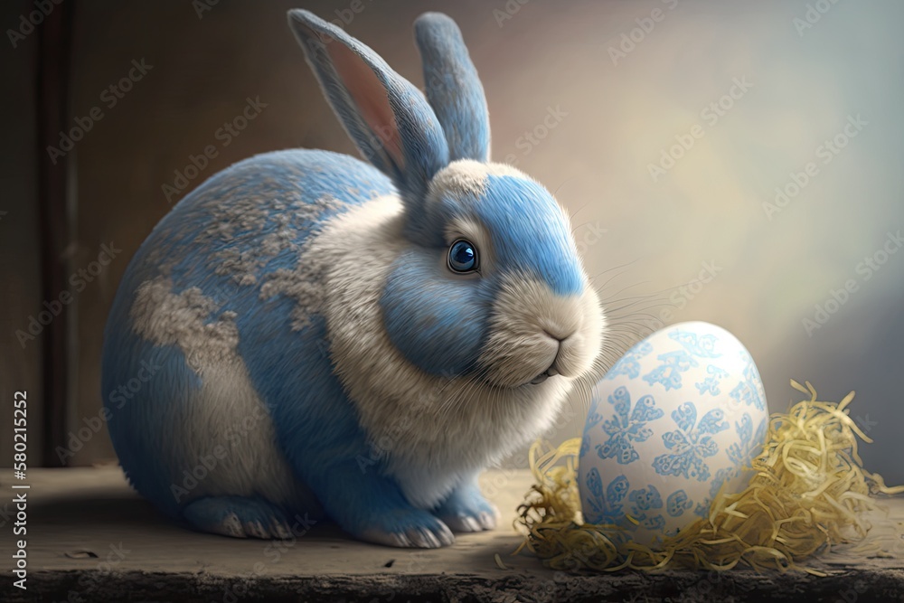 Easter bunny rabbit with a blue egg that has been painted on it. The Easter holiday idea. Generative