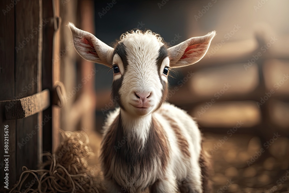 In the summer, a cute little kid goat. Farm animals. Generative AI