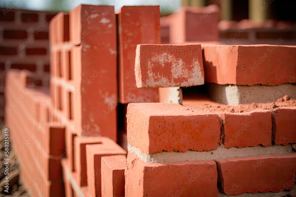 at the building site, red keramoblock hollow bricks Close up of the red brick used in the constructi