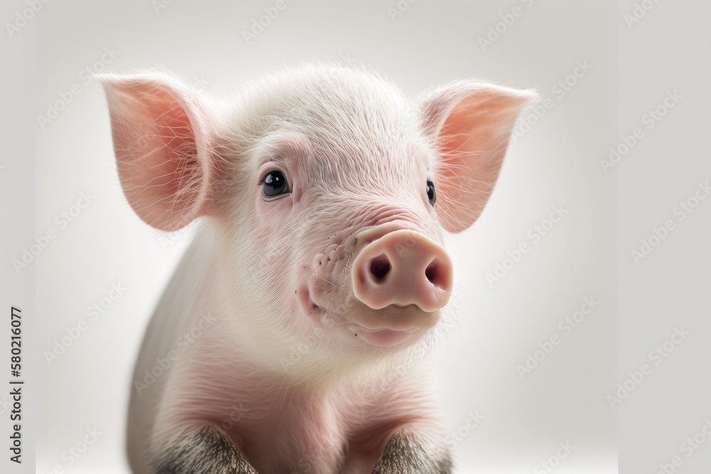 A close up picture of a cute little piglet on a white background. Generative AI